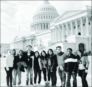  A group of Ohio Wesleyan international students visit the United States Capitol on their spring break trip to Washington, D.C. The annual trip is endowed by Gordon V. Smith ‘54 and Helen Smith ‘54. In addition to the Capitol, students and staff from the Office of International and Off-Campus Programs visited the National Archives, the World War II Memorial, the Lincoln Memorial, the Vietnam Memorial and many other national landmarks.