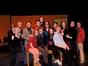 The cast of the Senior Projects poses for a photo during a rehearsal. 