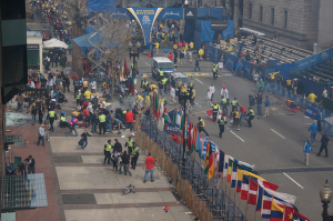 Photo by Aaron Tang on Flickr Police, runners and first responders at the scene of one of the two bombs detonated Monday during the Boston Marathon. The explosions happened near the Boylston Street finish line.