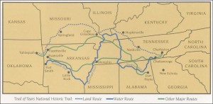 This map shows the route of the Trail of Tears, which Native Americans were forced to walk when the United States government evicted them from their sovereign territories. 