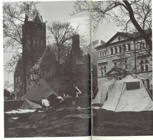 Students protest in tents on the University Hall lawn in the 1970s. Photo from the Le Bijou yearbook.