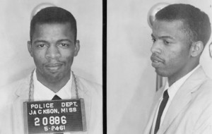 Lewis after being arrested on May 24, 1961, for a Freedom Ride. Four days before this, Lewis and other activists - both white and black - were beaten with pipes and baseball bats by a white mob in Montgomery, Alabama while state police watched. Photo: teenagefilm.com