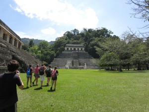 Students on the Modernity & Colonialism travel learning course admire an ancient Mayan ruin while on their trip to Chiapas, Mexico. Photo by John Stone-Mediatore