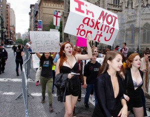 Activists march in New York City's SlutWalk in October 2011.