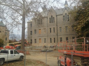 The construction surrounding the renovation of Merrick Hall has a large portion of academic campus sectioned off, which may affect the location of spring commencement. Photo by Ben Miller