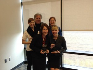 Juniors Katie Berger and Rhiannon Herbert, front, with fellow Moot Court team members senior Katalyn Kuivila, back left, sophomore Caroline Hamilton and coach Michael Esler. Photo: Rhiannon Herbert on Facebook