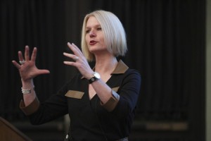 Chief Operating Officer of National Geographic, Tracie Winbigler ‘87, presenting to students and faculty on Oct. 23. Photo by Paul Vernon for Connect2OWU