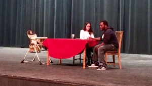 Junior Brooke Waite, left, and sophomore Reggie Hemphill rehearse junior Nicole Barhorst’s one-act play “The Truth Is,” directed by junior Luke Steffen for this weekend’s One Acts performances. Photo by Chris MacDonald for Connect2OWU