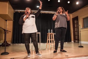 Frances Callier and Angela V. Shelton perform as Frangela in the Milligan Hub.