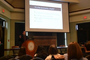 Daniel Haybron speaks to a crowd of students, faculty and staff in the Benes Room.