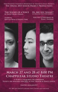 Flyer promoting the joint production featuring (left to right) seniors Kristen Krak, Haenny Park and Ryan Haddad.