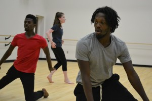 Ares Harper, Hilary Quinn and Jeremy Griffin-Jackson practice for this year's Orchesis performance. Photo by Trent Williams.