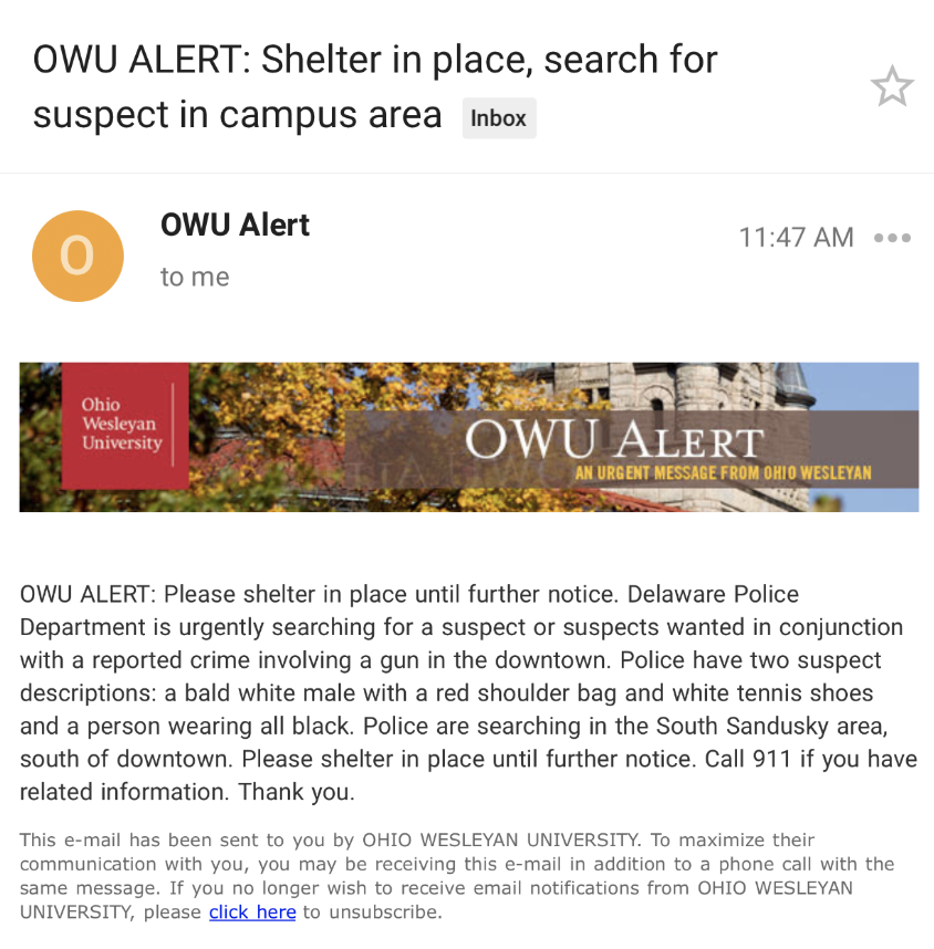 Public safety sends alert to students to shelter in place